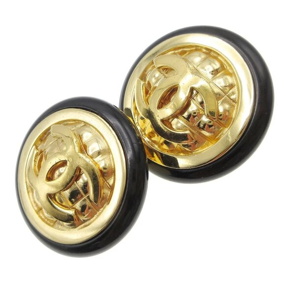 Chanel Quilted Button Earrings Clip-On Gold Black - Picture 2 of 7